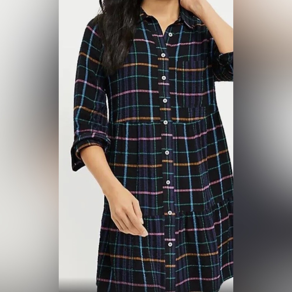 LOFT neon plaid tiered pocket shirtdress size M